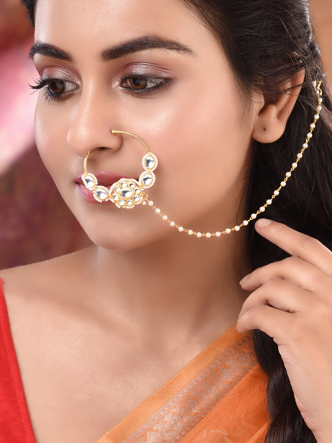 Gold Plated White Kundan Studded Floral Design Nath for Modern Brides, zaveri pearls, sale price rs, sale price, sale gold plated, sale gold, sale, rubans, ring, regular price, priyassi jewel