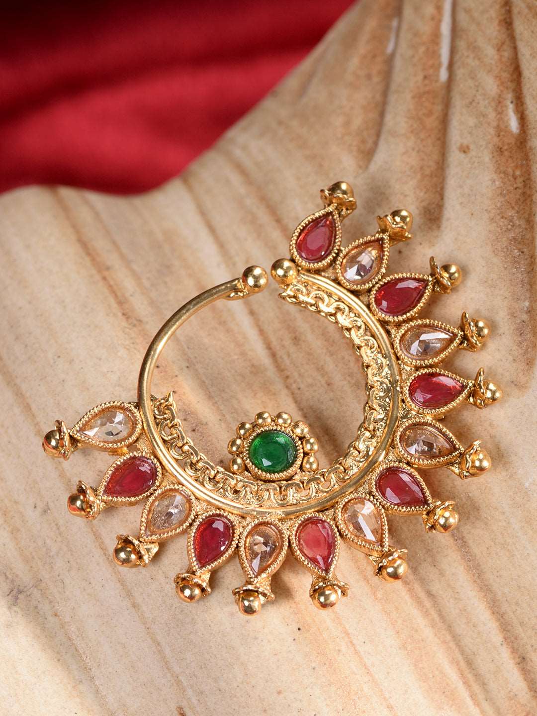 Gold Plated Red Polki Studded Modern Nose Ring, zaveri pearls, sale price rs, sale price, sale gold plated, sale gold, sale, rubans, ring, regular price, priyassi jewellery, kushal's - Saraf 