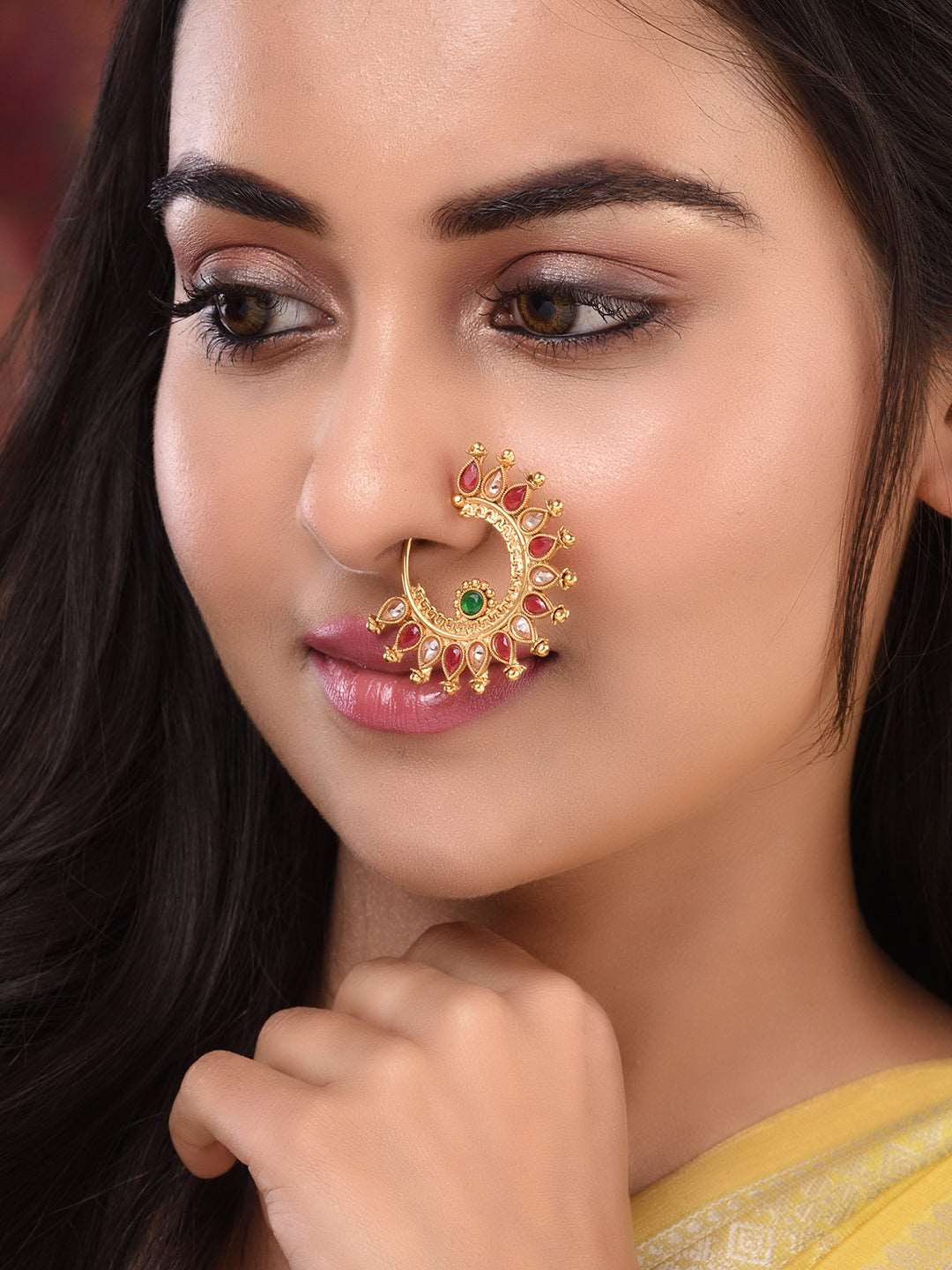 Gold Plated Red Polki Studded Modern Nose Ring, zaveri pearls, sale price rs, sale price, sale gold plated, sale gold, sale, rubans, ring, regular price, priyassi jewellery, kushal's - Saraf 