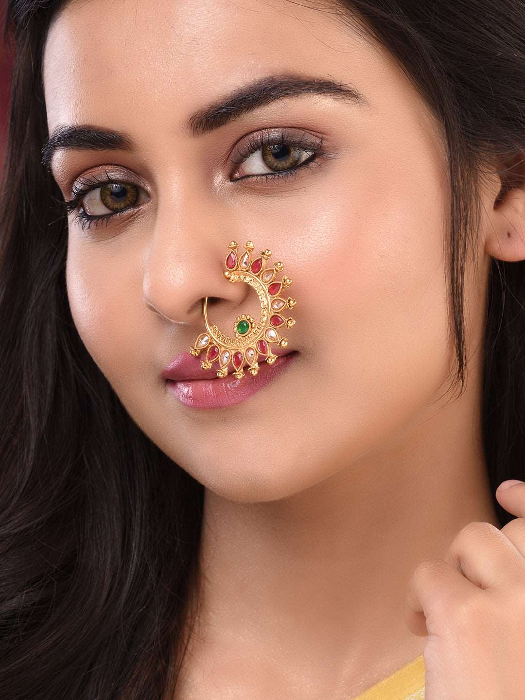 Gold Plated Red Polki Studded Modern Nose Ring, zaveri pearls, sale price rs, sale price, sale gold plated, sale gold, sale, rubans, ring, regular price, priyassi jewellery, kushal's - Saraf 