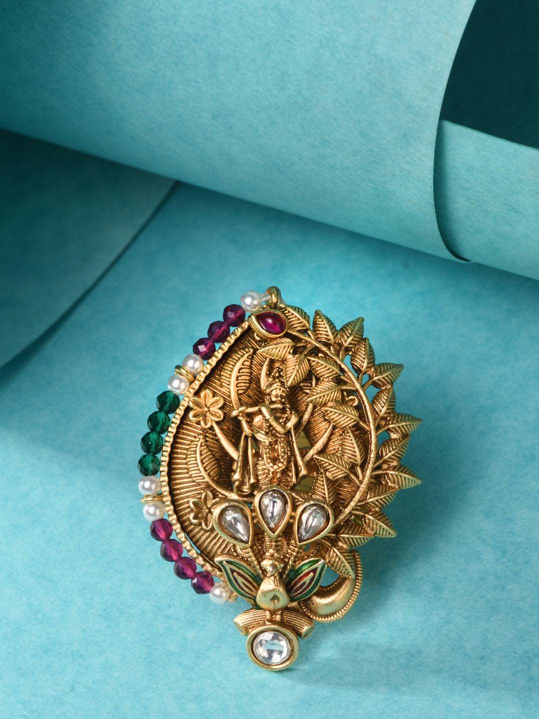 Gold Plated Red Kemp studded enchanting Krishna adjustable Finger ring, zaveri pearls, sale price rs, sale price, sale gold plated, sale gold, sale, rubans, ring, regular price, priyassi jewe
