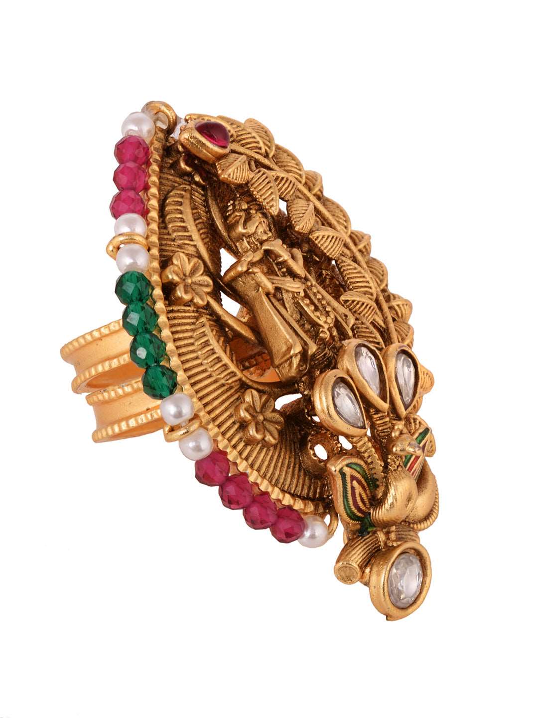 Gold Plated Red Kemp studded enchanting Krishna adjustable Finger ring, zaveri pearls, sale price rs, sale price, sale gold plated, sale gold, sale, rubans, ring, regular price, priyassi jewe