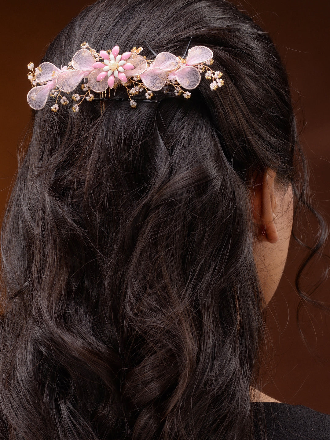 Gold Toned Pink Flower Embellished Bridal Hair Accessory, zaveri pearls, sale price rs, sale price, sale gold plated, sale gold, sale, rubans, ring, regular price, priyassi jewellery, kushal'