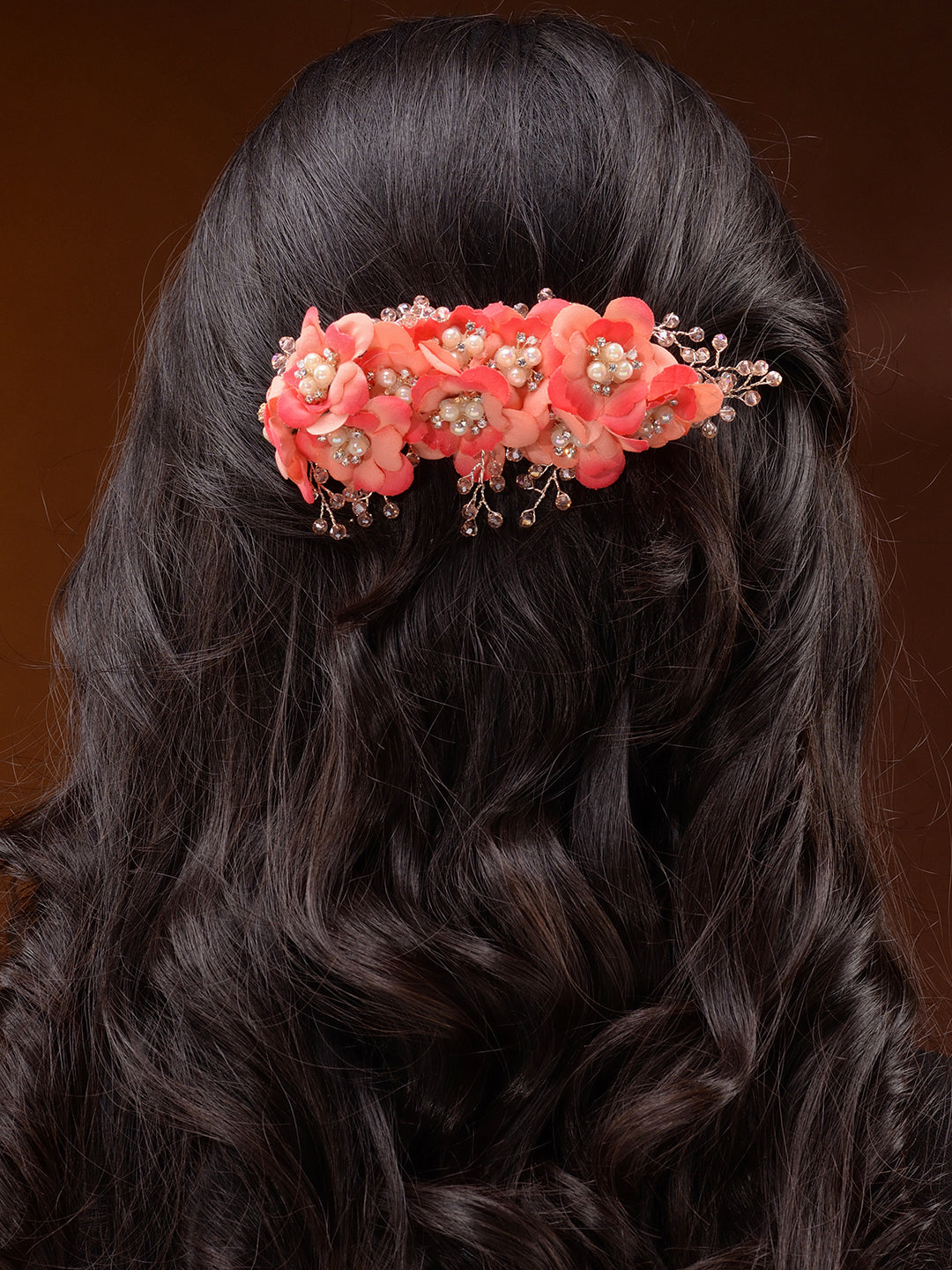 Peach Flowers Pearls & Crystal Embellished Bridal Hair Tiara, zaveri pearls, sale price rs, sale price, sale gold plated, sale gold, sale, rubans, ring, regular price, priyassi jewellery, kus