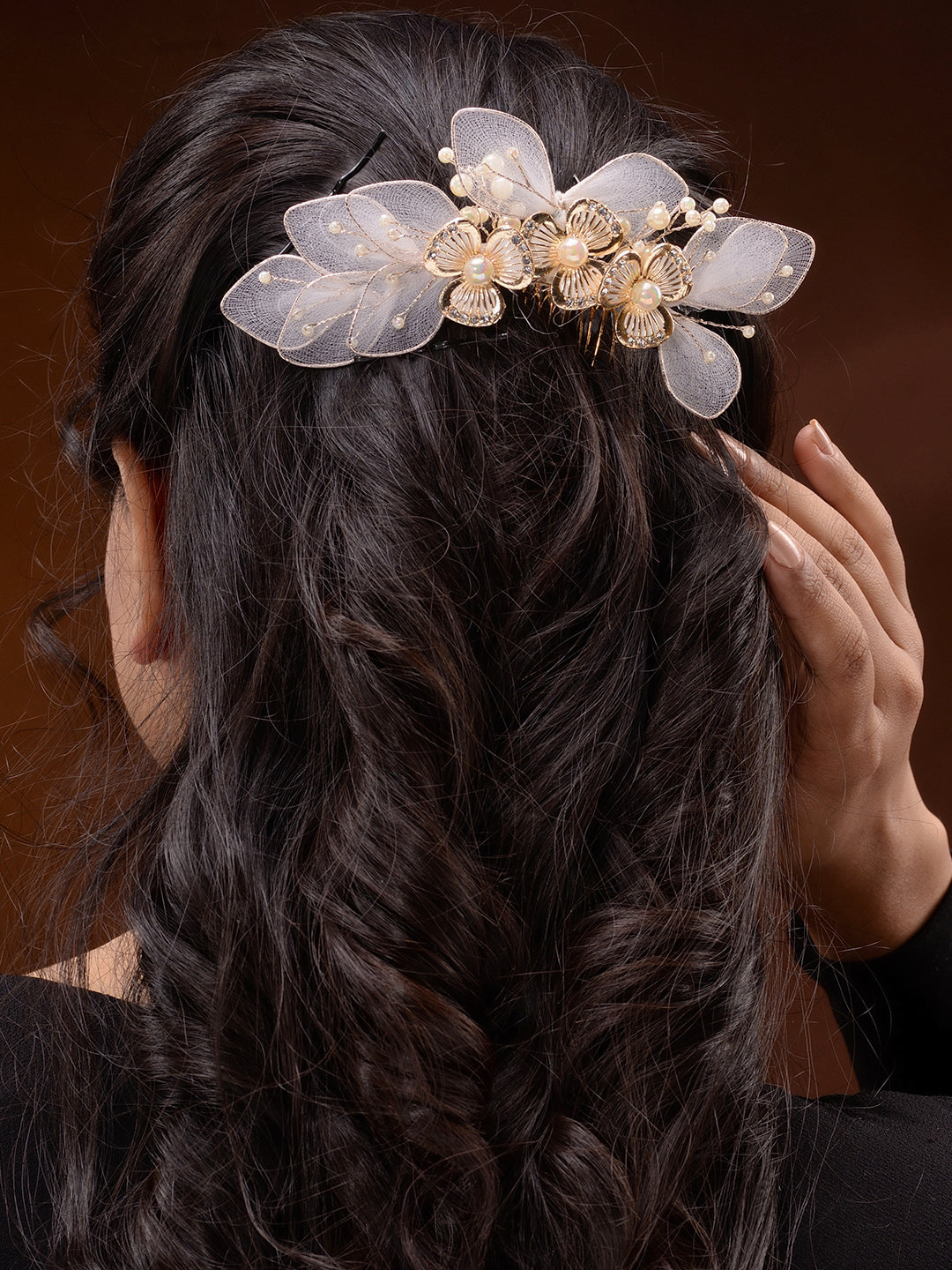 White Gold Toned Enamelled Pearl Beaded Bridal Comb Pin, zaveri pearls, sale price rs, sale price, sale gold plated, sale gold, sale, rubans, ring, regular price, priyassi jewellery, kushal's