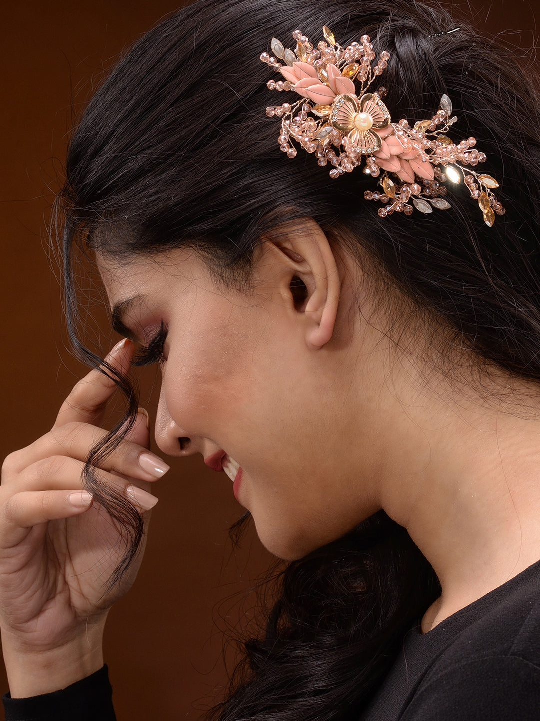 Pink Gold Toned Pearl Beaded & Embellished Bridal Comb Pin, zaveri pearls, sale price rs, sale price, sale gold plated, sale gold, sale, rubans, ring, regular price, priyassi jewellery, kusha