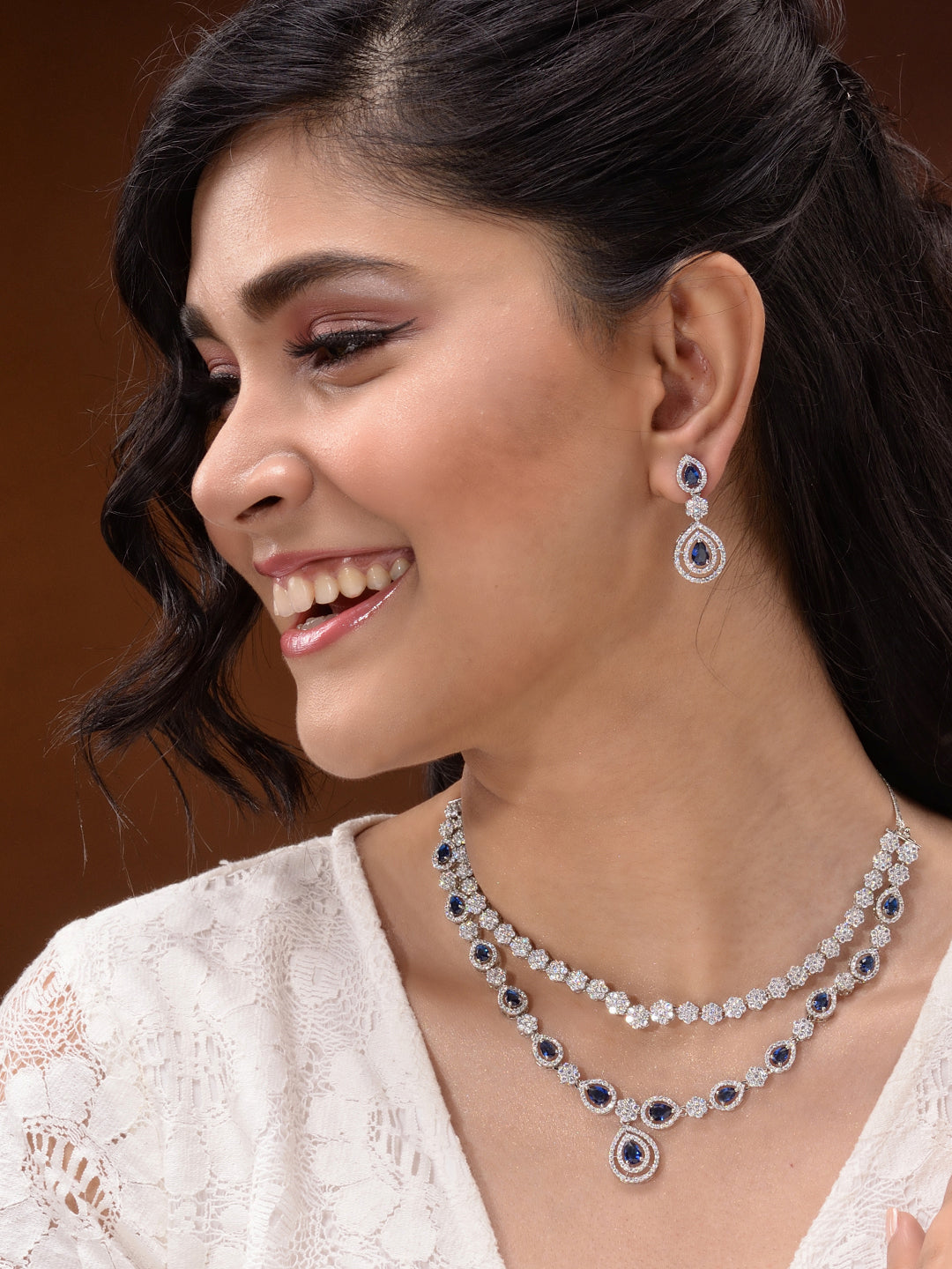 Silver Toned Blue AD studded double layer Necklace jewellery Set, zaveri pearls, sale price rs, sale price, sale gold plated, sale gold, sale, rubans, ring, regular price, priyassi jewellery,