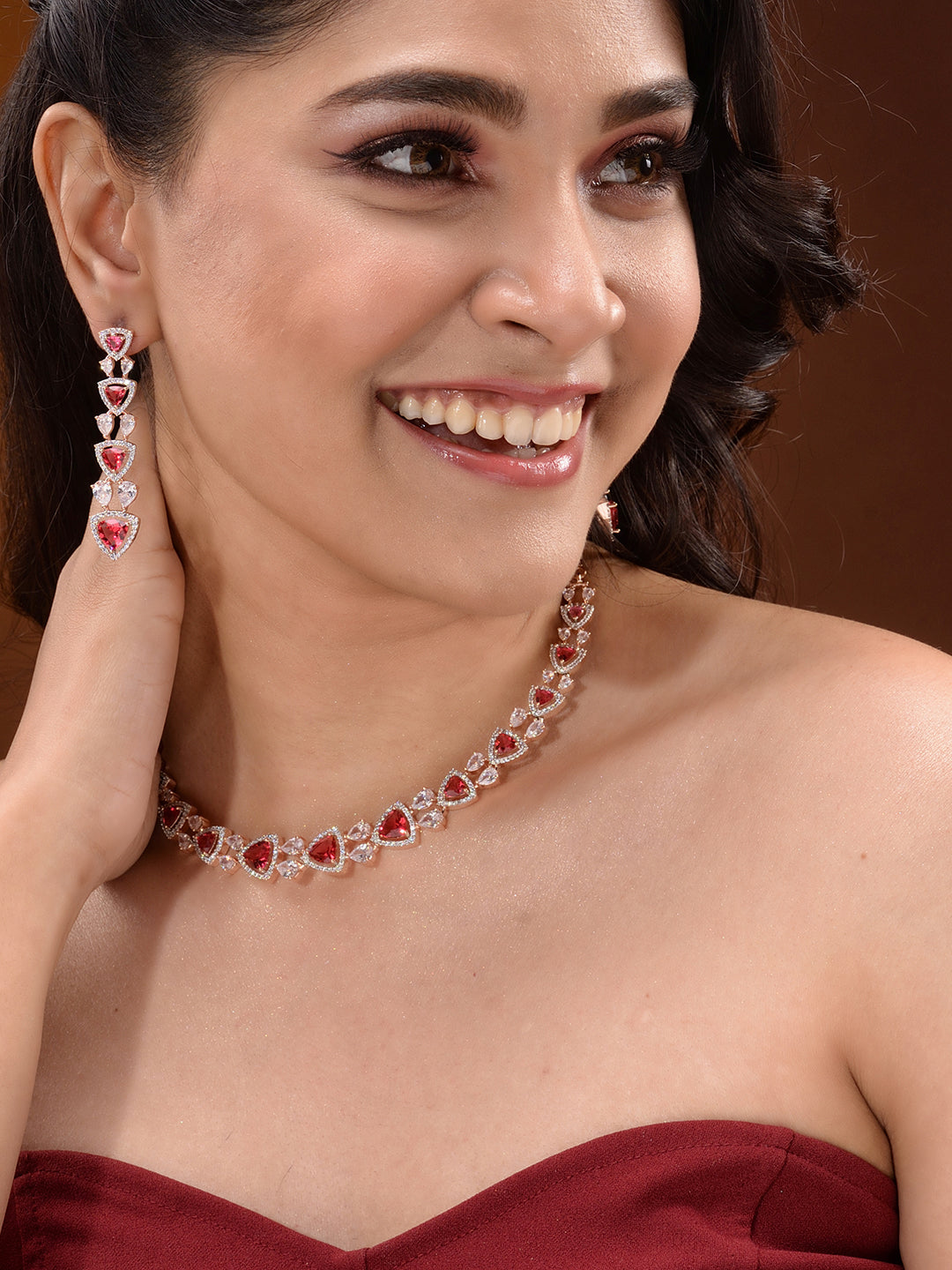 Rose Gold Plated Red AD studded Triangle shaped designer Necklace Jewellery Set, zaveri pearls, sale price rs, sale price, sale gold plated, sale gold, sale, rubans, ring, regular price, priy
