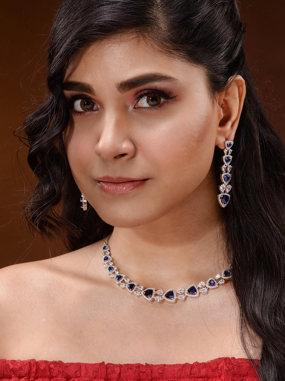 Silver Toned Blue AD studded Triangle shaped designer Necklace Jewellery Set, zaveri pearls, sale price rs, sale price, sale gold plated, sale gold, sale, rubans, ring, regular price, priyass