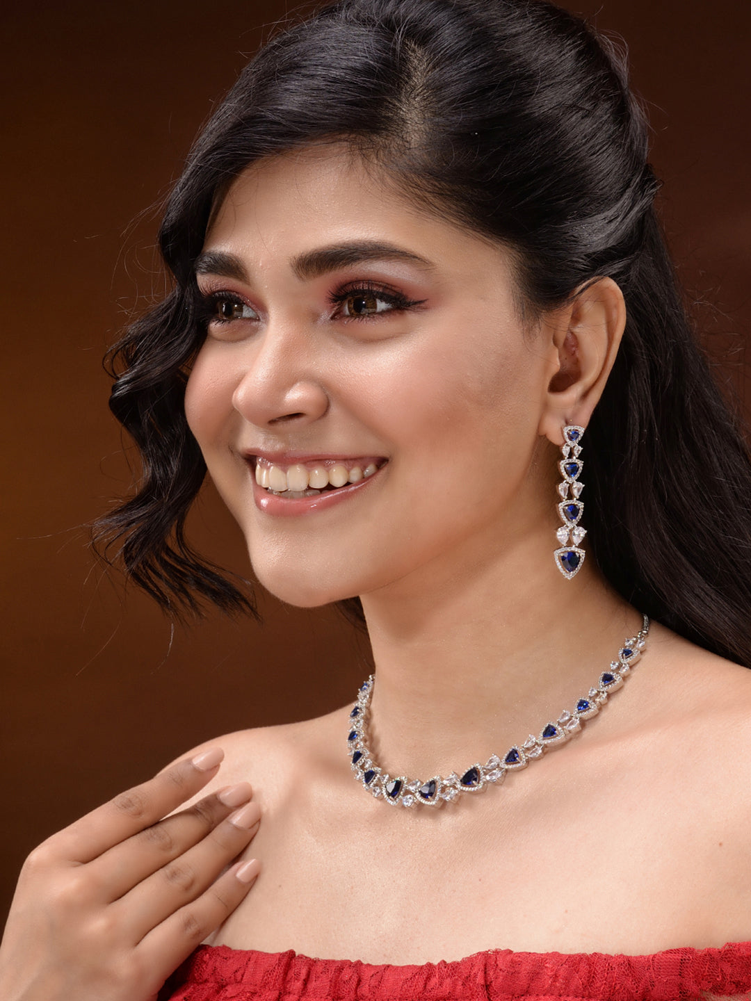 Silver Toned Blue AD studded Triangle shaped designer Necklace Jewellery Set, zaveri pearls, sale price rs, sale price, sale gold plated, sale gold, sale, rubans, ring, regular price, priyass