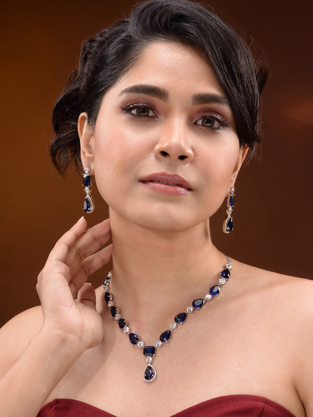 Silver Toned Blue AD studfded designer Necklace Jewellery Set, zaveri pearls, sale price rs, sale price, sale gold plated, sale gold, sale, rubans, ring, regular price, priyassi jewellery, ku