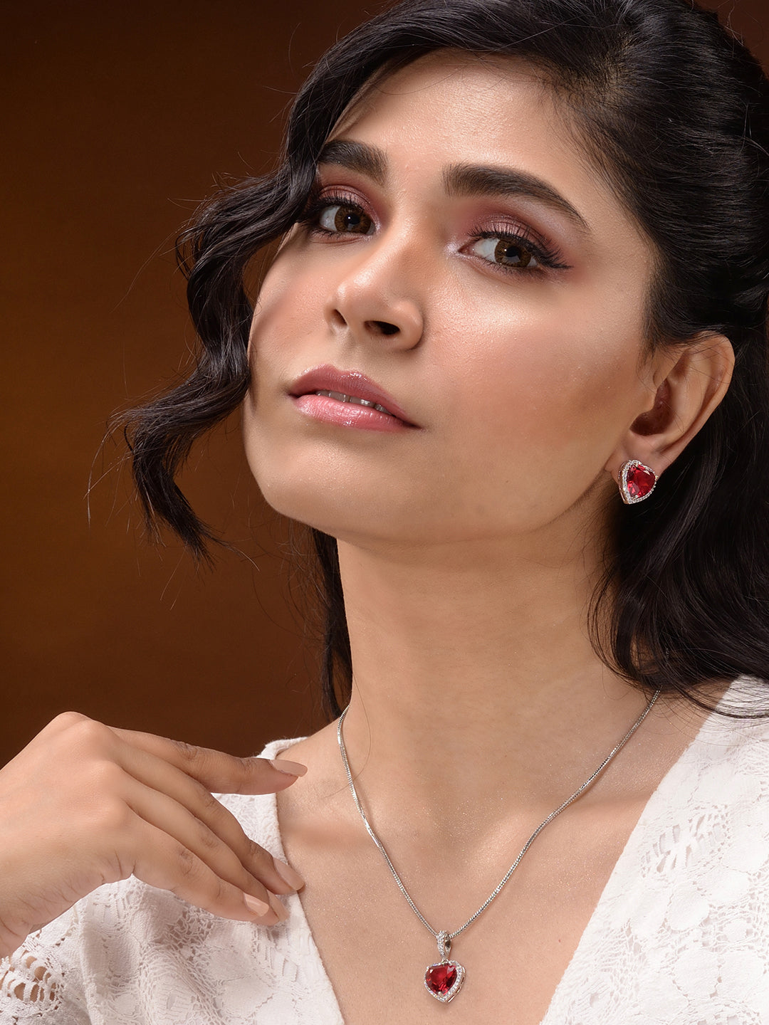 Silver Palted Red AD Studded Heart Shaped Pendant Earrings Locket Jewellery Set, zaveri pearls, sale price rs, sale price, sale gold plated, sale gold, sale, rubans, ring, regular price, priy