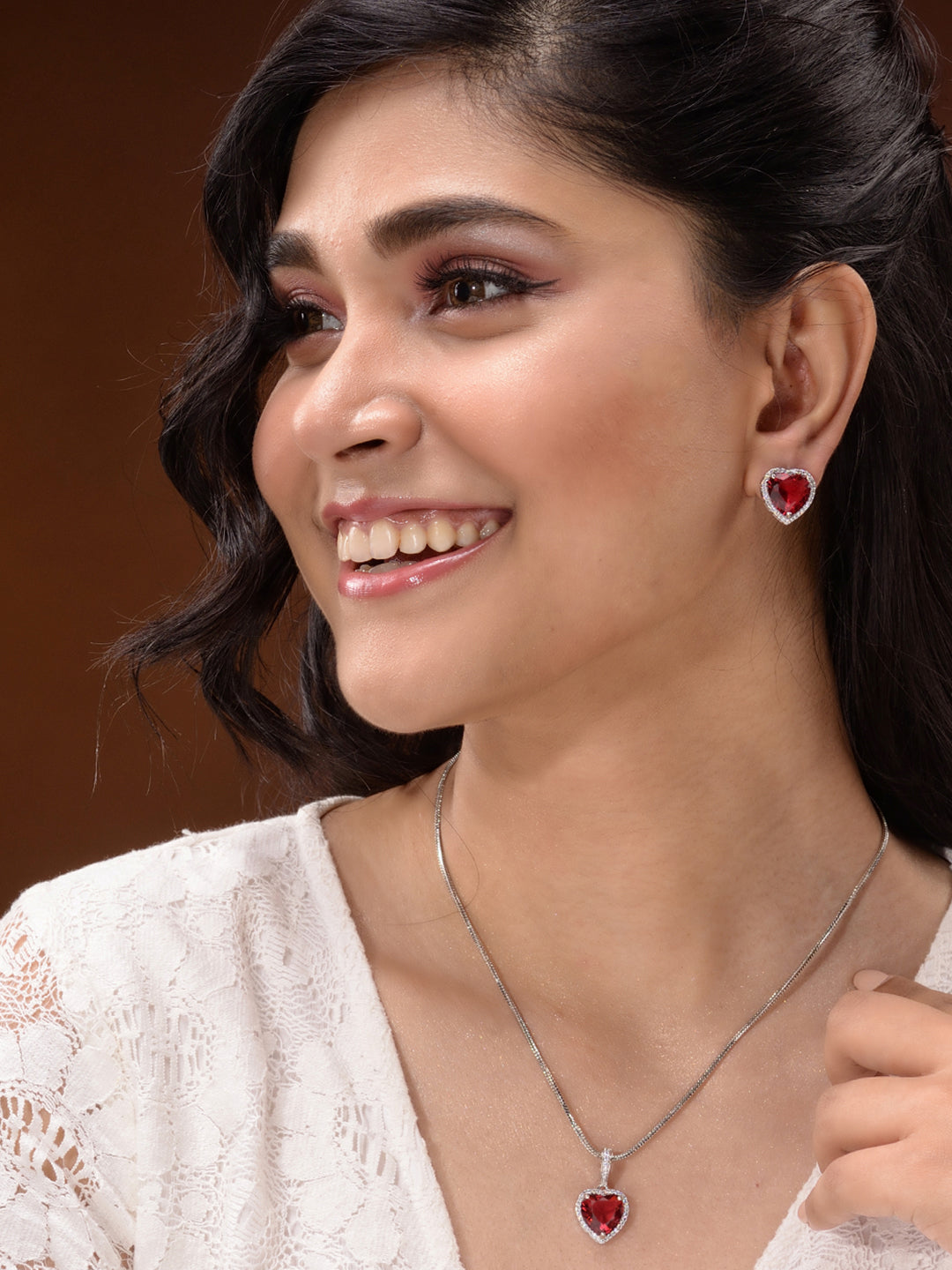 Silver Palted Red AD Studded Heart Shaped Pendant Earrings Locket Jewellery Set, zaveri pearls, sale price rs, sale price, sale gold plated, sale gold, sale, rubans, ring, regular price, priy