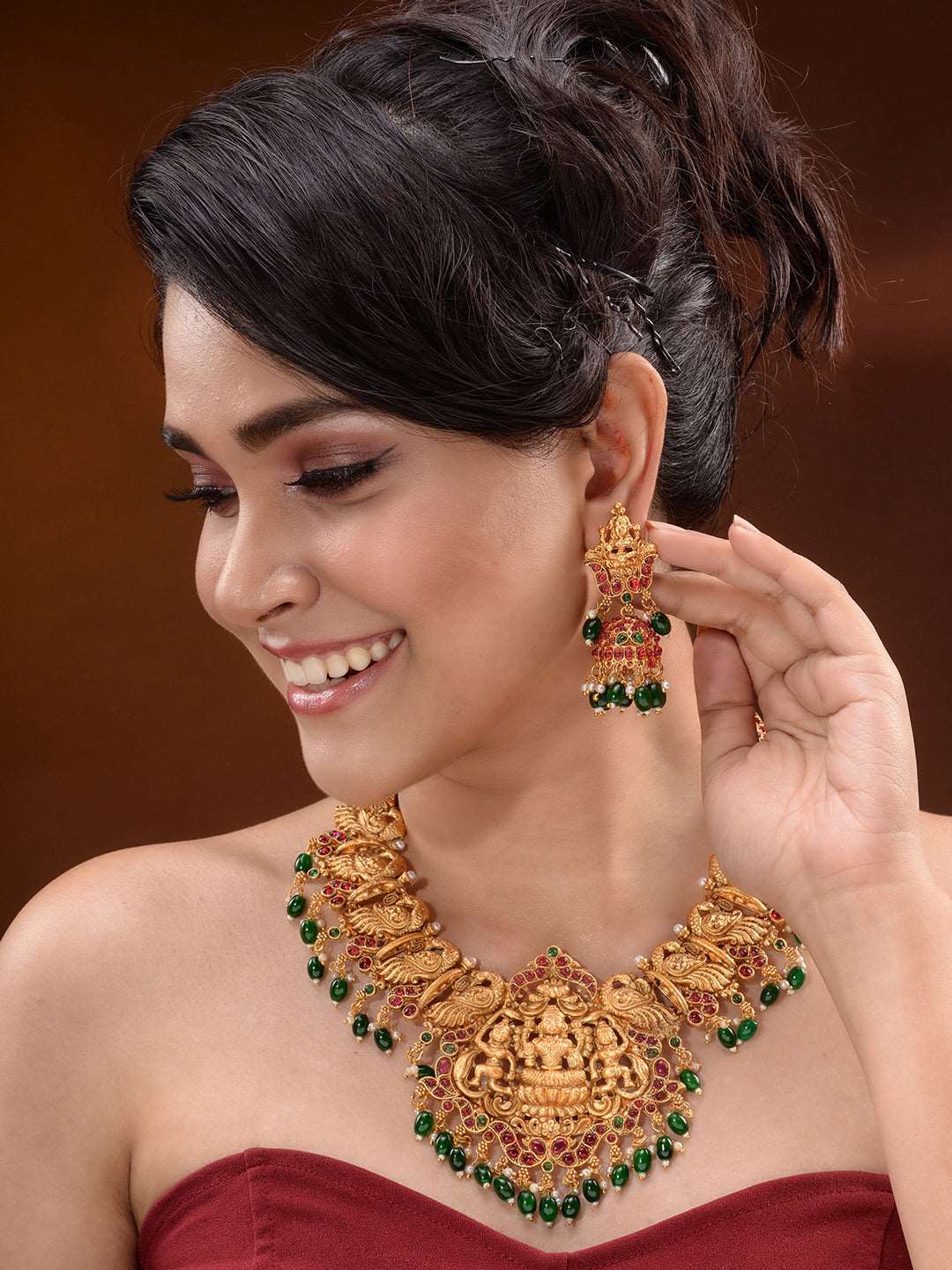 Gold Plated Kemp stone studded Temple design Necklace Green beads Jewellery set, zaveri pearls, sale price rs, sale price, sale gold plated, sale gold, sale, rubans, ring, regular price, priy