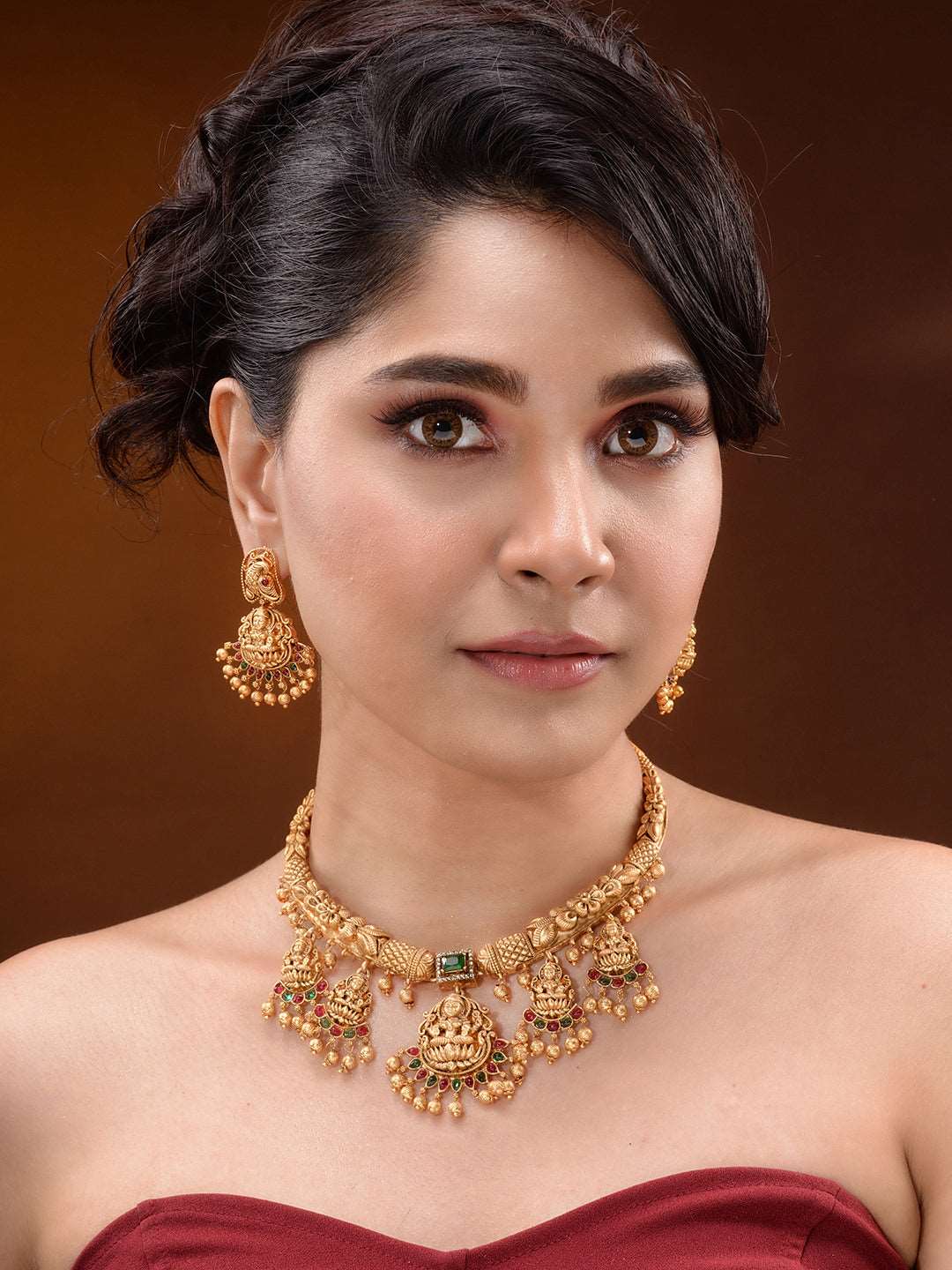 Gold Plated Multi stone studded Pearl beaded Handcrafted Temple Jewellerey Set, zaveri pearls, sale price rs, sale price, sale gold plated, sale gold, sale, rubans, ring, regular price, priya