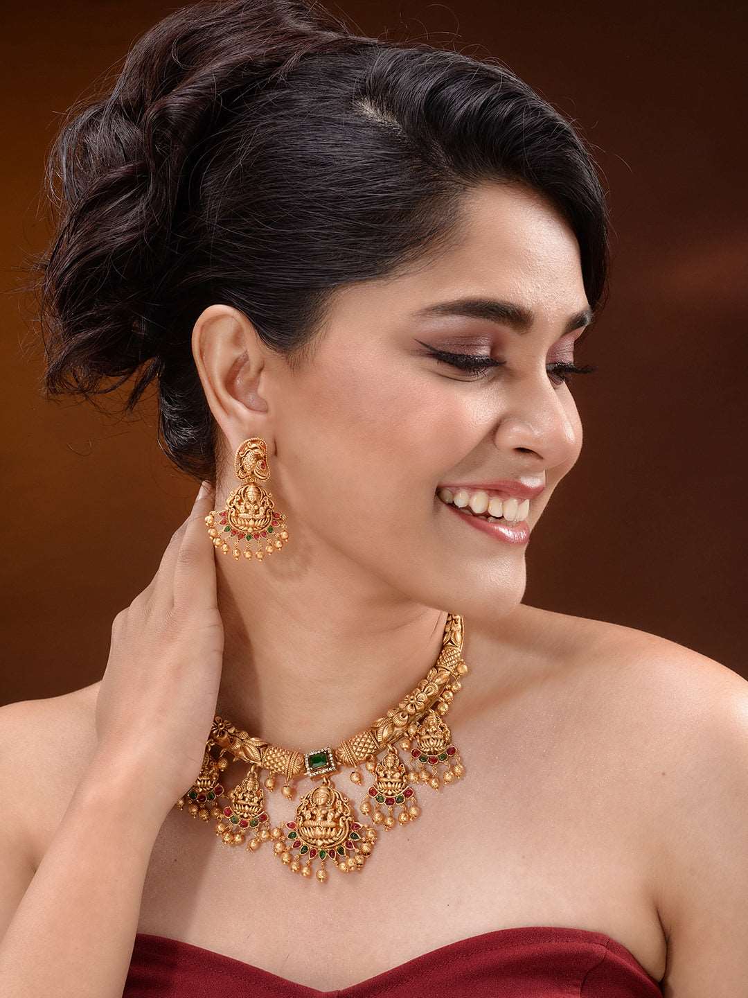 Gold Plated Multi stone studded Pearl beaded Handcrafted Temple Jewellerey Set, zaveri pearls, sale price rs, sale price, sale gold plated, sale gold, sale, rubans, ring, regular price, priya