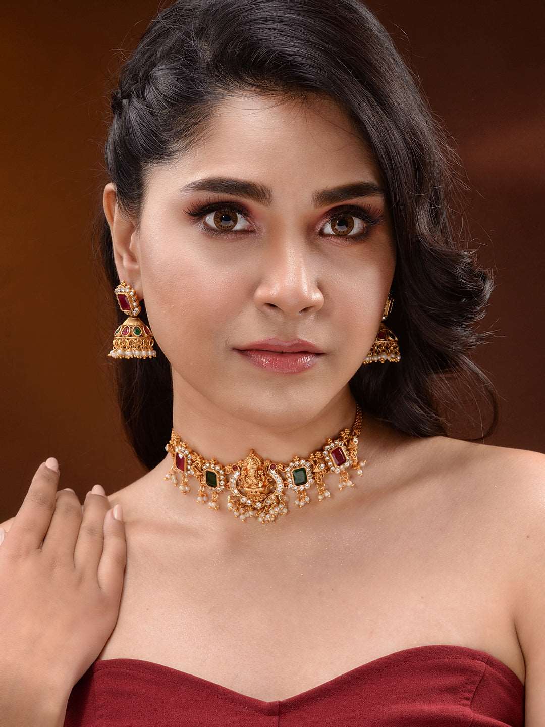 Gold Plated Green & Red stone studded Handcrafted Exquisite Design Lakshmi ji Temple Jewellery Set, zaveri pearls, sale price rs, sale price, sale gold plated, sale gold, sale, rubans, ring, 