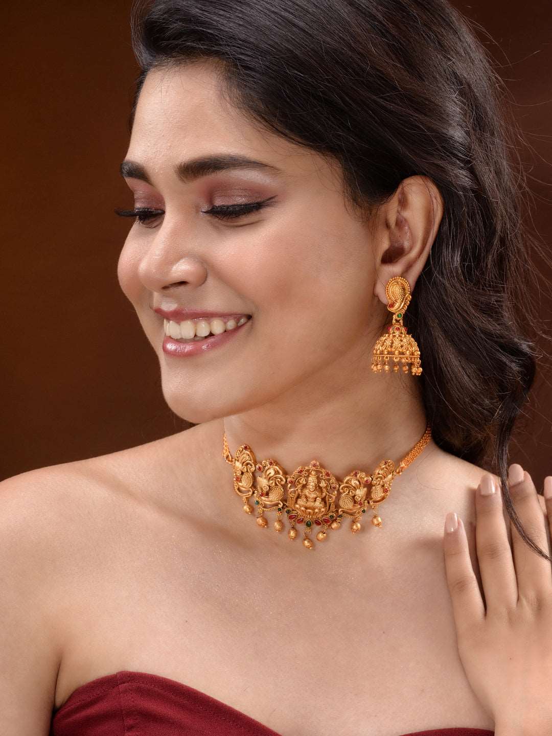 Gold Plated Multi stone studded Handcrafted Exquisite Temple Lakshmi ji & Peacock Design Jewellery Set, zaveri pearls, sale price rs, sale price, sale gold plated, sale gold, sale, rubans, ri