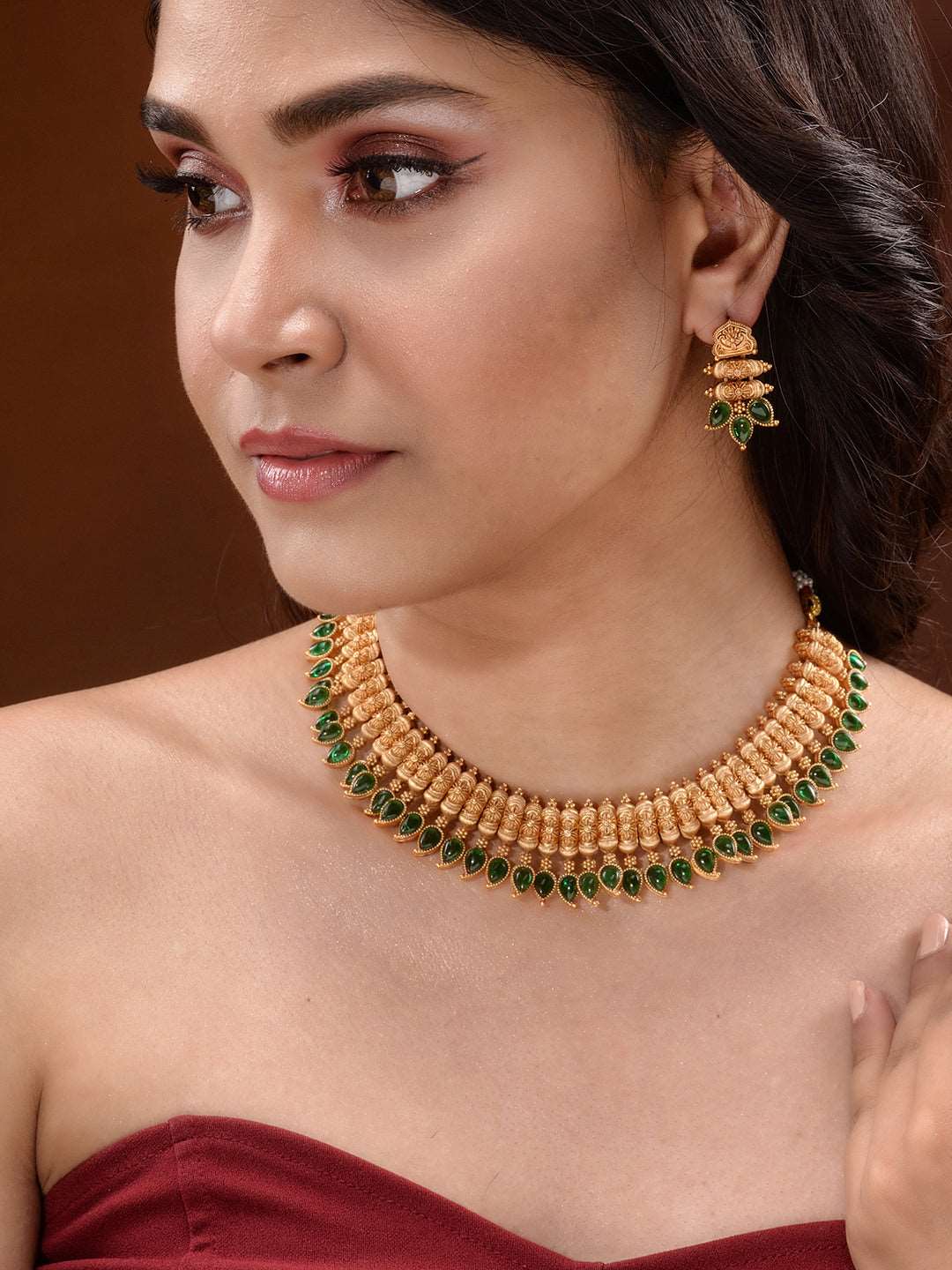 Gold Plated Green stone studded Handcrafted Leaf design Temple Jewellery Set, zaveri pearls, sale price rs, sale price, sale gold plated, sale gold, sale, rubans, ring, regular price, priyass