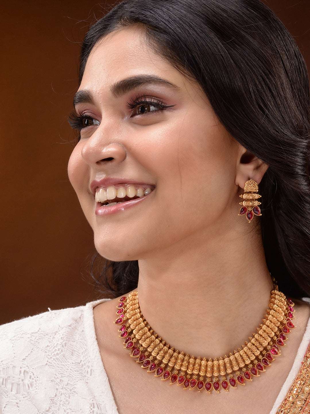 Gold Plated Red stone studded Handcrafted Leaf design Temple Jewellery Set, zaveri pearls, sale price rs, sale price, sale gold plated, sale gold, sale, rubans, ring, regular price, priyassi 