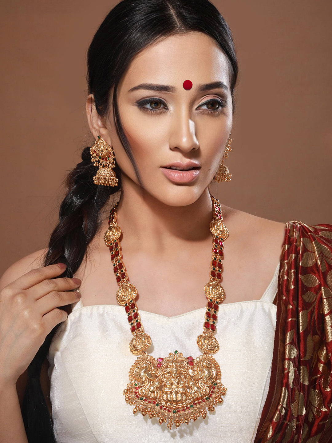 Gold Plated Stone Studded Laxmi ji Long jewellery set, zaveri pearls, sale price rs, sale price, sale gold plated, sale gold, sale, rubans, ring, regular price, priyassi jewellery, kushal's -