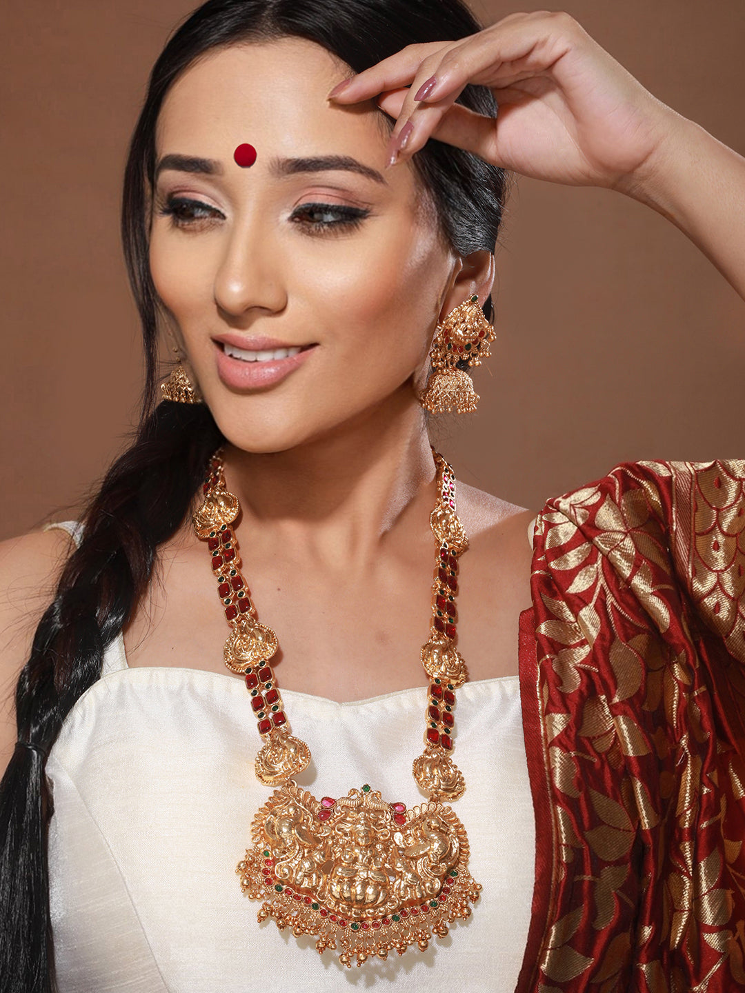 Gold Plated Stone Studded Laxmi ji Long jewellery set, zaveri pearls, sale price rs, sale price, sale gold plated, sale gold, sale, rubans, ring, regular price, priyassi jewellery, kushal's -