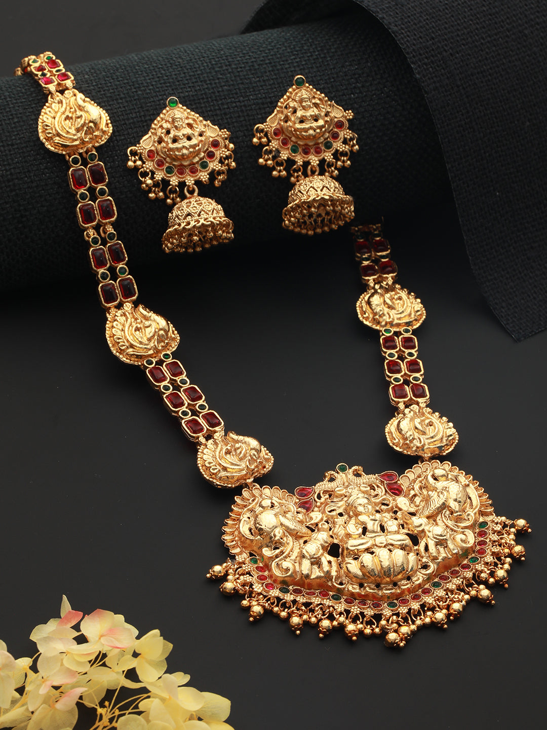 Gold Plated Stone Studded Laxmi ji Long jewellery set, zaveri pearls, sale price rs, sale price, sale gold plated, sale gold, sale, rubans, ring, regular price, priyassi jewellery, kushal's -