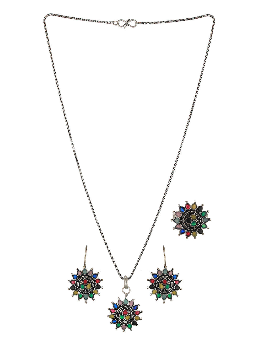 Silver oxidised Multicolored Combo Locket Ring Jewellery set, zaveri pearls, sale price rs, sale price, sale gold plated, sale gold, sale, rubans, ring, regular price, priyassi jewellery, kus