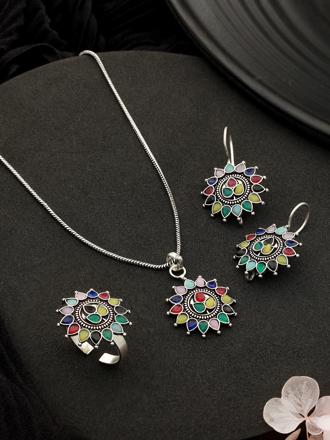 Silver oxidised Multicolored Combo Locket Ring Jewellery set, zaveri pearls, sale price rs, sale price, sale gold plated, sale gold, sale, rubans, ring, regular price, priyassi jewellery, kus