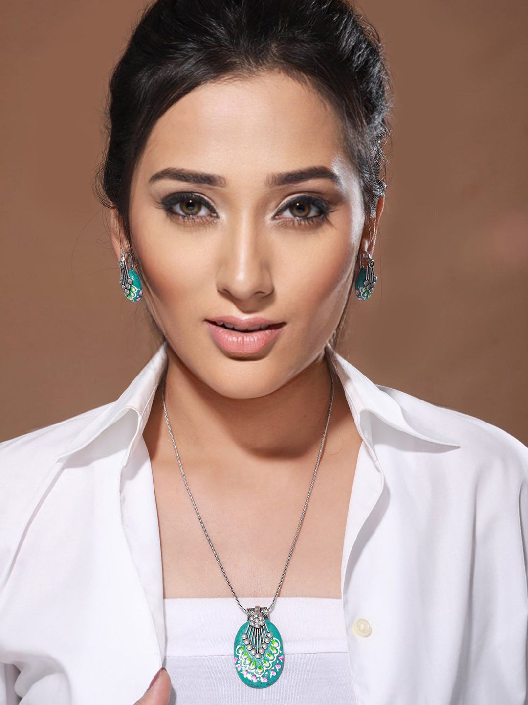 Oxidised Hand Painted & Mint Enamelled Locket Jewellery Set, zaveri pearls, sale price rs, sale price, sale gold plated, sale gold, sale, rubans, ring, regular price, priyassi jewellery, kush