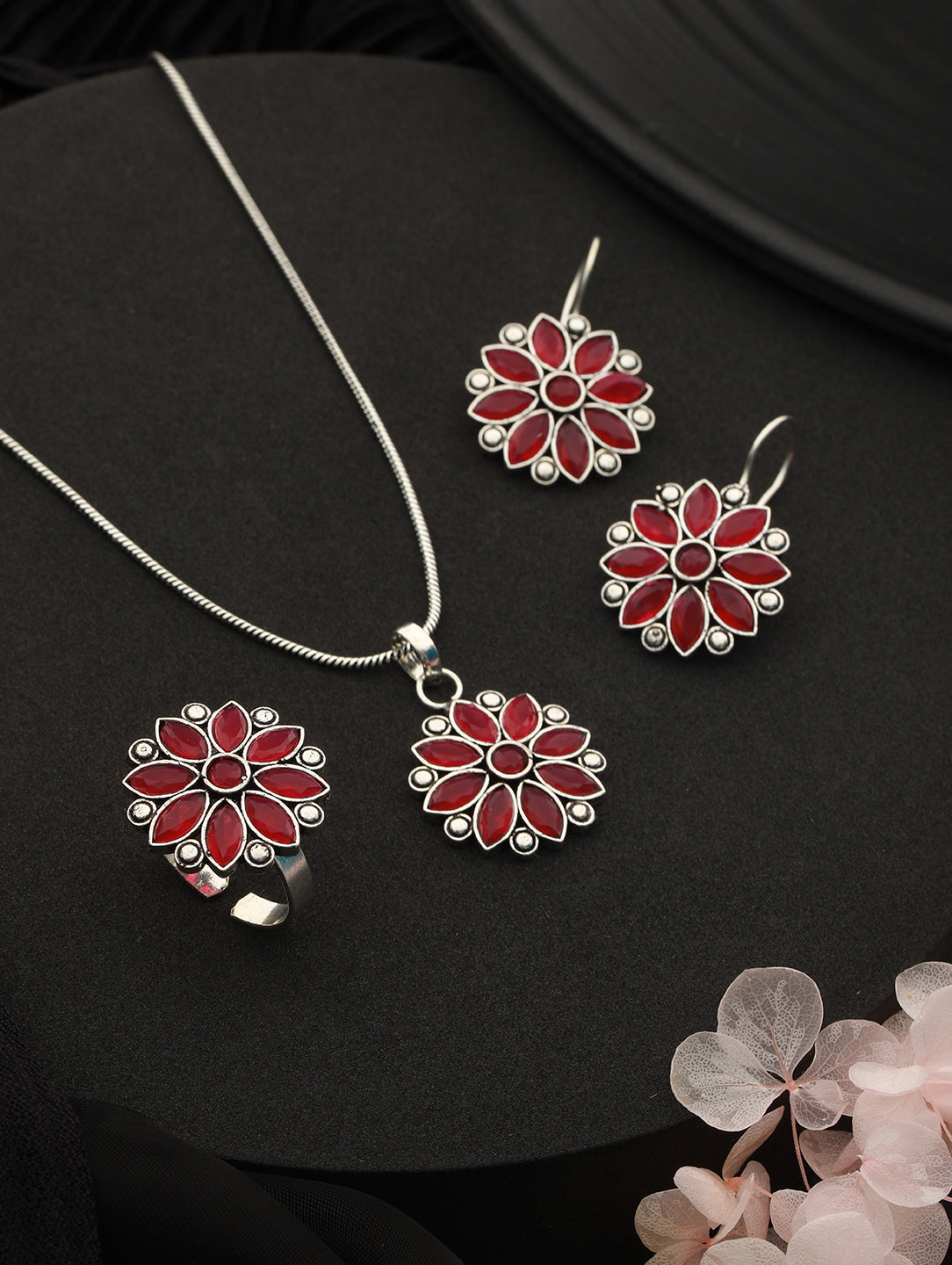 Silver oxidised Red Stone Studded Combo Locket Jewellery Set, zaveri pearls, sale price rs, sale price, sale gold plated, sale gold, sale, rubans, ring, regular price, priyassi jewellery, kus