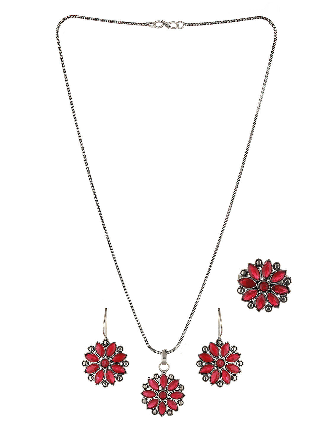 Silver oxidised Red Stone Studded Combo Locket Jewellery Set, zaveri pearls, sale price rs, sale price, sale gold plated, sale gold, sale, rubans, ring, regular price, priyassi jewellery, kus