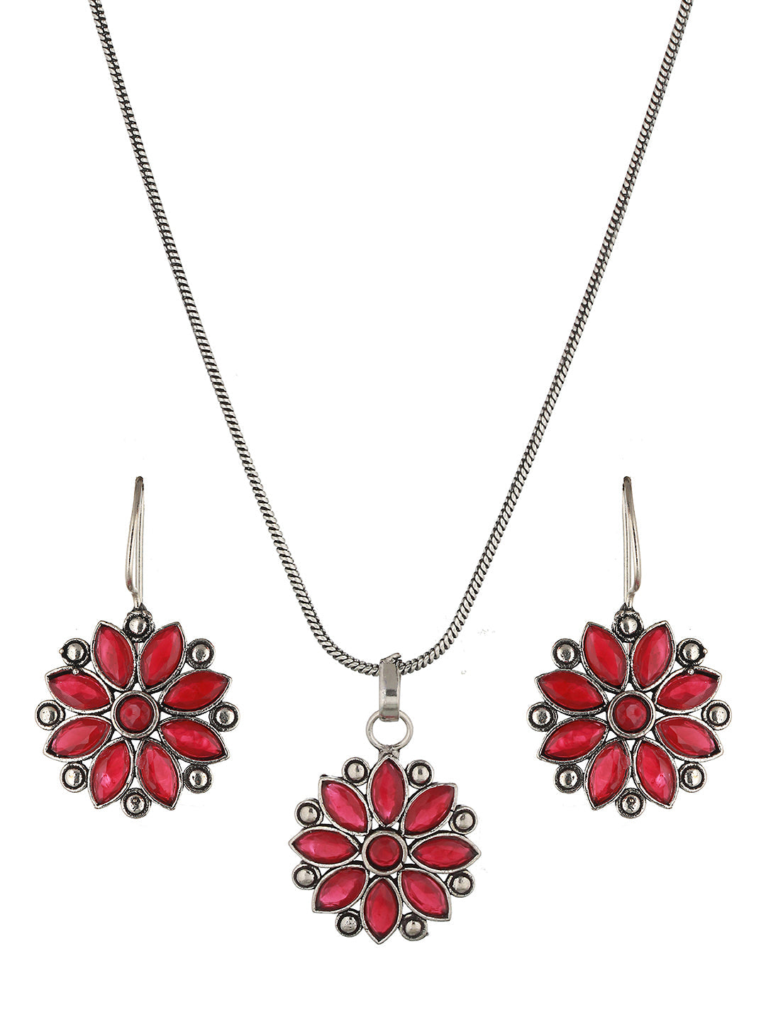 Silver oxidised Red Stone Studded Combo Locket Jewellery Set, zaveri pearls, sale price rs, sale price, sale gold plated, sale gold, sale, rubans, ring, regular price, priyassi jewellery, kus