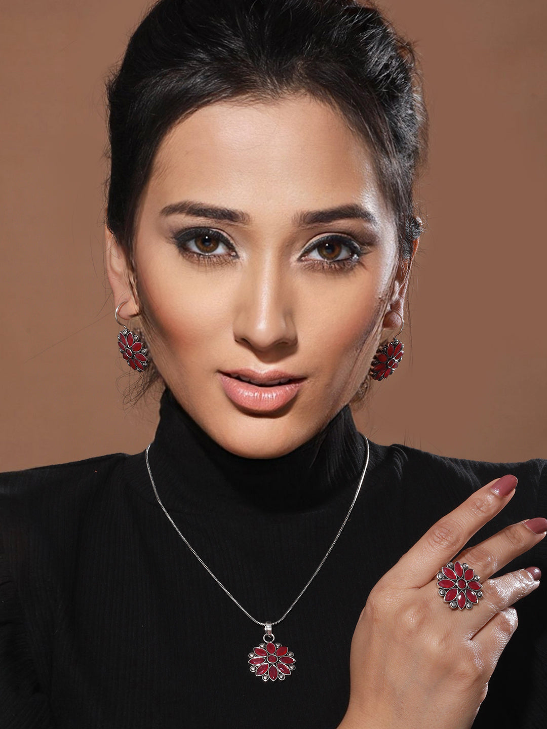 Silver oxidised Red Stone Studded Combo Locket Jewellery Set, zaveri pearls, sale price rs, sale price, sale gold plated, sale gold, sale, rubans, ring, regular price, priyassi jewellery, kus