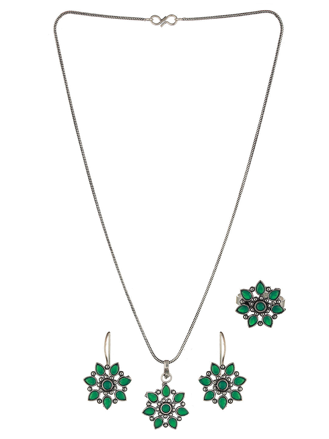 Silver oxidised Green Stone Studded Combo Locket Jewellery Set, zaveri pearls, sale price rs, sale price, sale gold plated, sale gold, sale, rubans, ring, regular price, priyassi jewellery, k