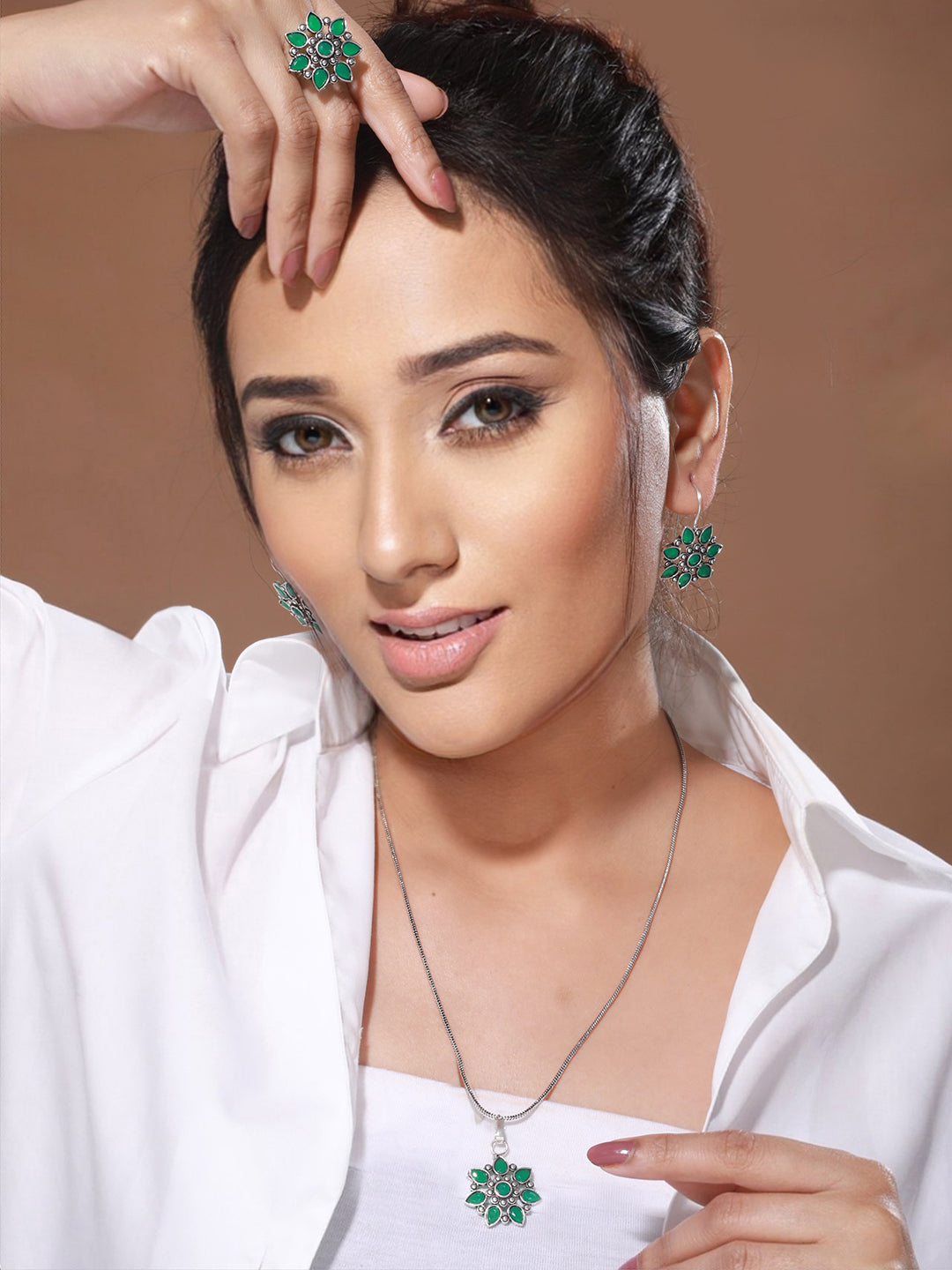 Silver oxidised Green Stone Studded Combo Locket Jewellery Set, zaveri pearls, sale price rs, sale price, sale gold plated, sale gold, sale, rubans, ring, regular price, priyassi jewellery, k