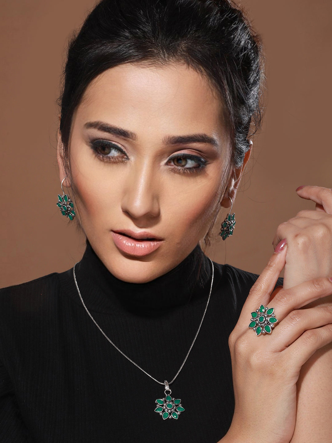 Silver oxidised Green Stone Studded Combo Locket Jewellery Set, zaveri pearls, sale price rs, sale price, sale gold plated, sale gold, sale, rubans, ring, regular price, priyassi jewellery, k