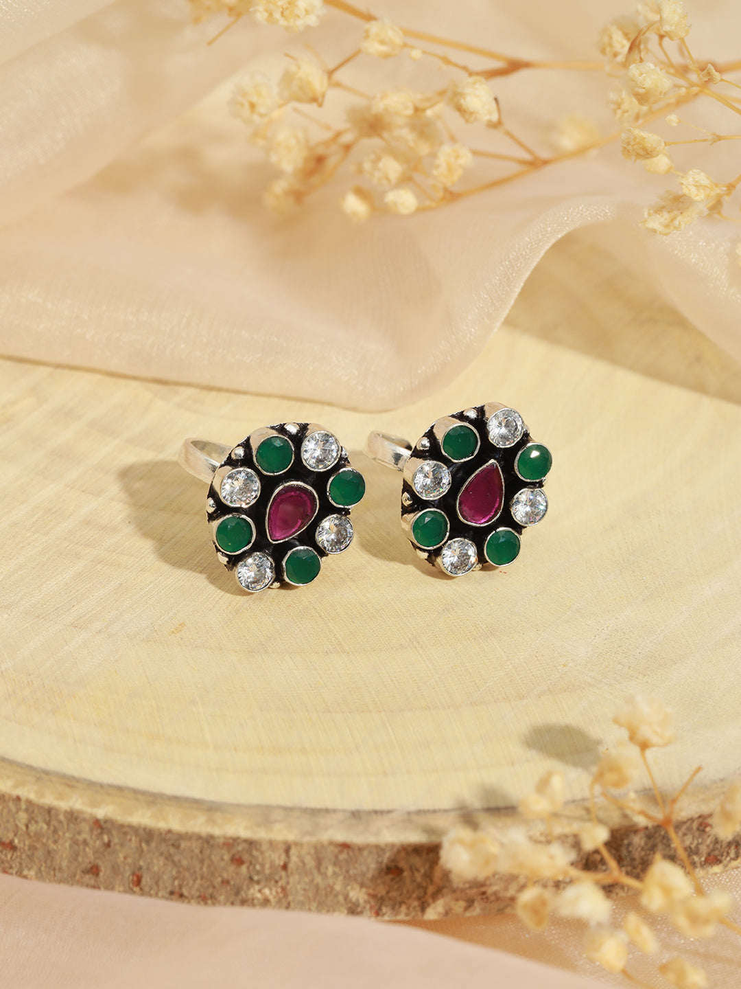 Set of 2  Silver Toned Red & Green Stone Studded Adjustable Toe Ring, zaveri pearls, sale price rs, sale price, sale gold plated, sale gold, sale, rubans, ring, regular price, priyassi jewell