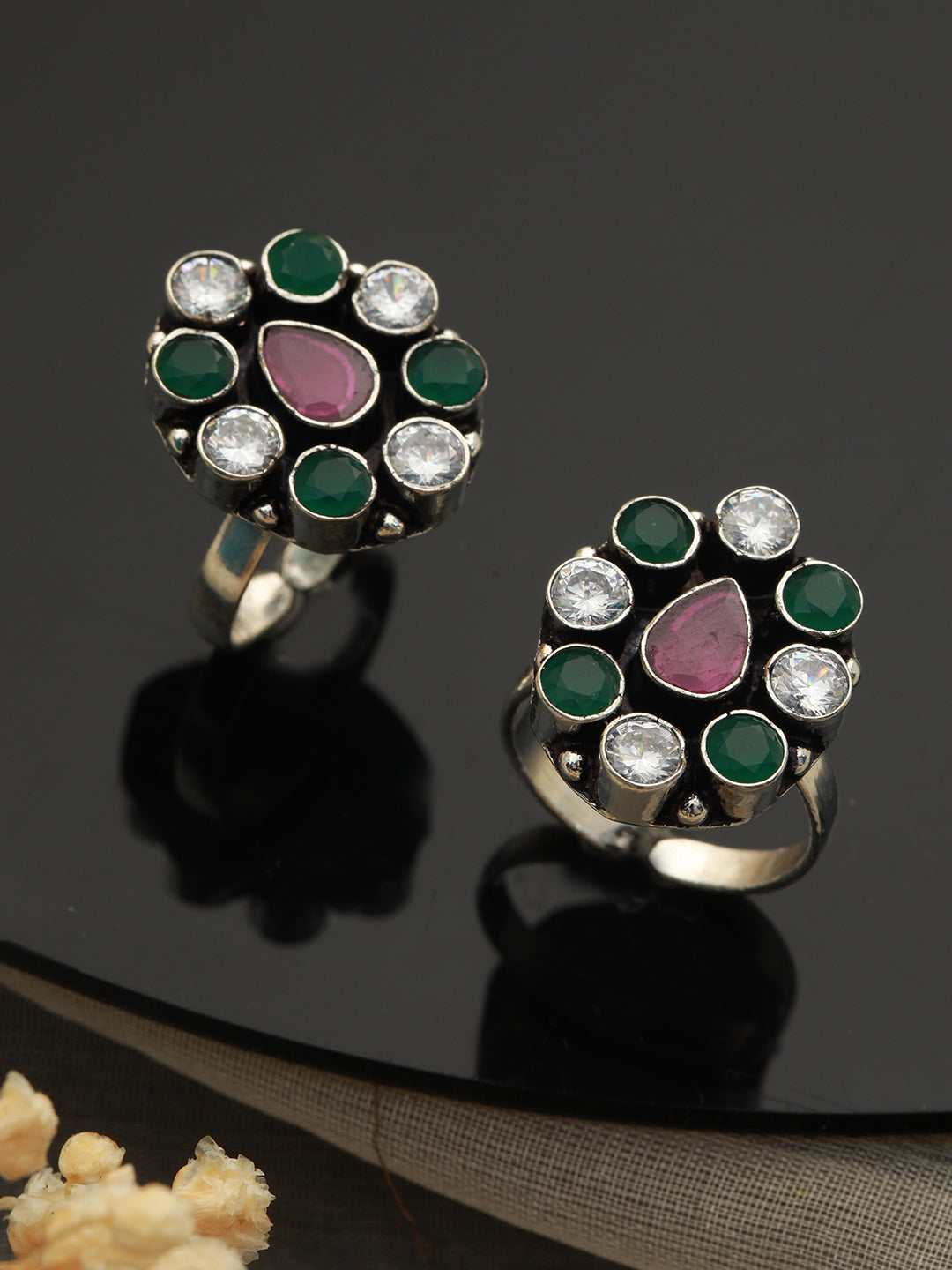 Set of 2  Silver Toned Red & Green Stone Studded Adjustable Toe Ring, zaveri pearls, sale price rs, sale price, sale gold plated, sale gold, sale, rubans, ring, regular price, priyassi jewell