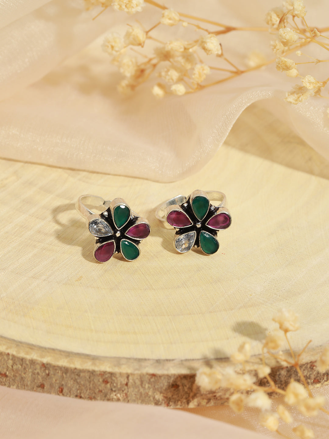 Set Of 2 Silver plated Floral AD Studded Adjustable Toe Rings, zaveri pearls, sale price rs, sale price, sale gold plated, sale gold, sale, rubans, ring, regular price, priyassi jewellery, ku