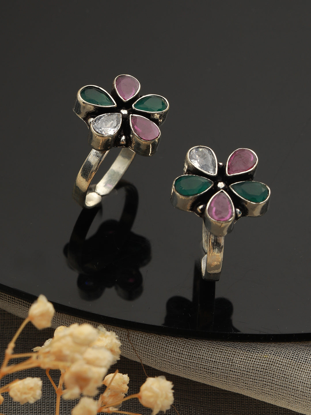 Set Of 2 Silver plated Floral AD Studded Adjustable Toe Rings, zaveri pearls, sale price rs, sale price, sale gold plated, sale gold, sale, rubans, ring, regular price, priyassi jewellery, ku