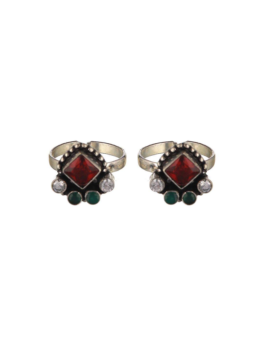Set of 2 Silver Plated Red AD Studded Adjustable Toe Rings, zaveri pearls, sale price rs, sale price, sale gold plated, sale gold, sale, rubans, ring, regular price, priyassi jewellery, kusha