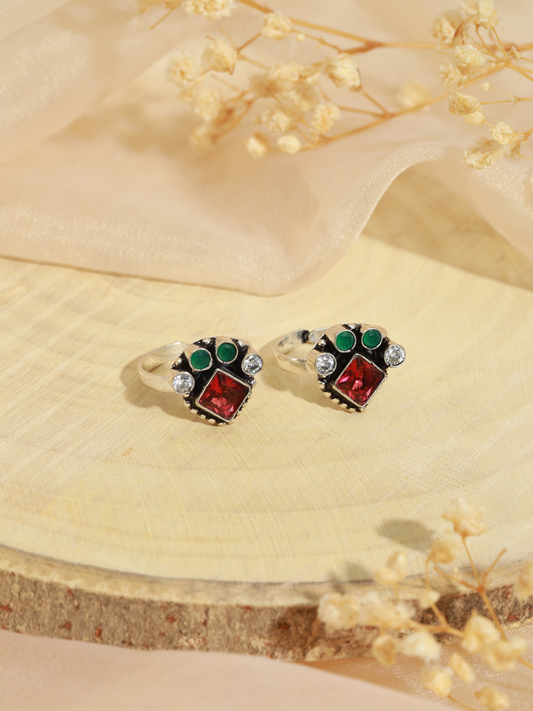 Set of 2 Silver Plated Red AD Studded Adjustable Toe Rings, zaveri pearls, sale price rs, sale price, sale gold plated, sale gold, sale, rubans, ring, regular price, priyassi jewellery, kusha