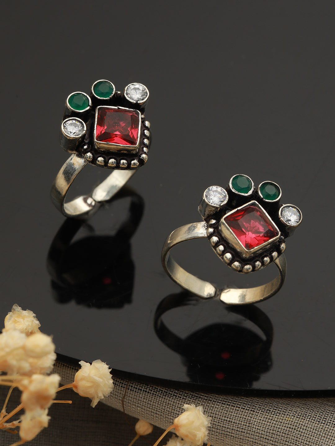 Set of 2 Silver Plated Red AD Studded Adjustable Toe Rings, zaveri pearls, sale price rs, sale price, sale gold plated, sale gold, sale, rubans, ring, regular price, priyassi jewellery, kusha
