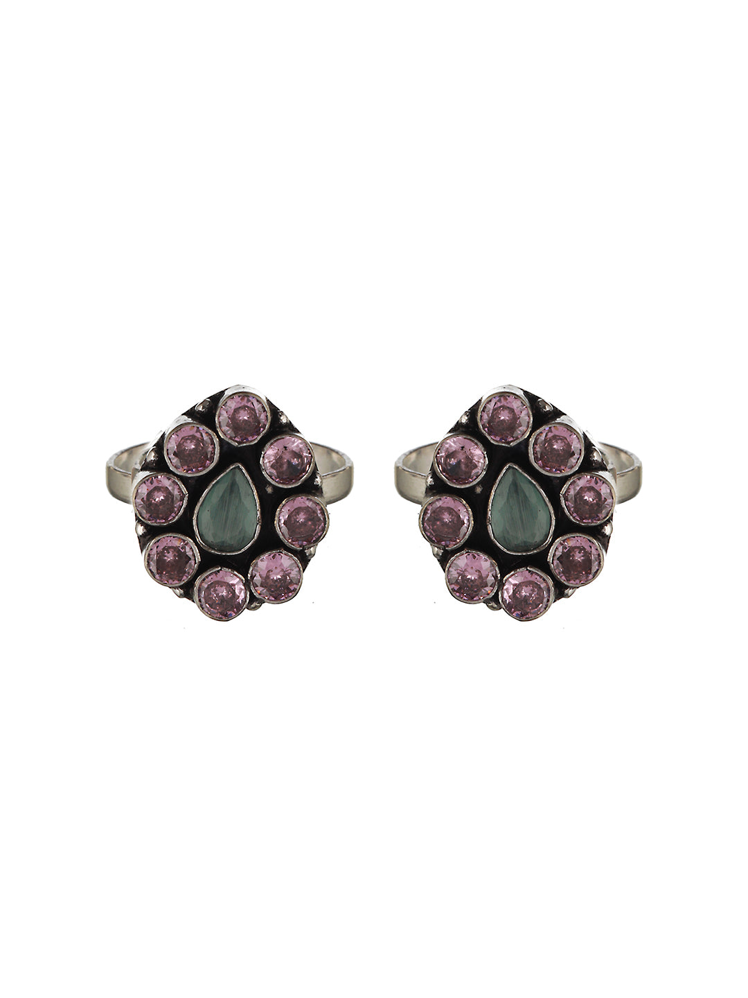 Set of 2 Silver Oxidised Pink AD Studded Floral Toe Rings, zaveri pearls, sale price rs, sale price, sale gold plated, sale gold, sale, rubans, ring, regular price, priyassi jewellery, kushal