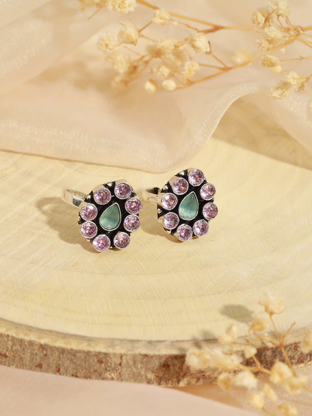 Set of 2 Silver Oxidised Pink AD Studded Floral Toe Rings, zaveri pearls, sale price rs, sale price, sale gold plated, sale gold, sale, rubans, ring, regular price, priyassi jewellery, kushal