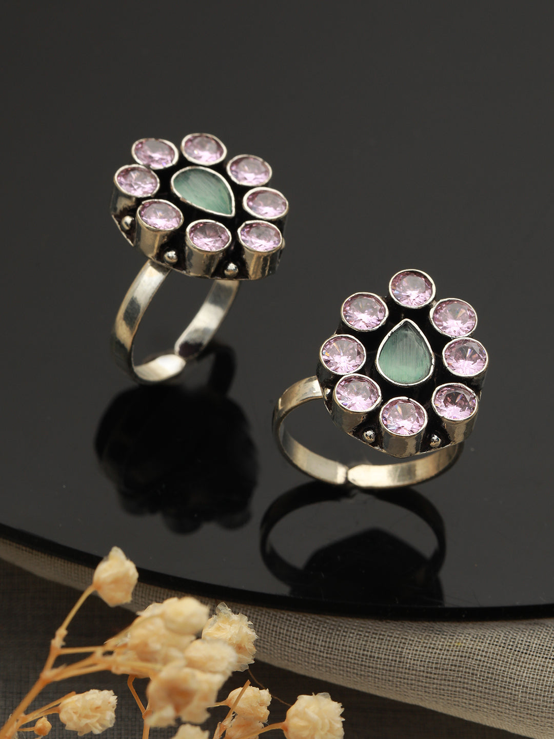 Set of 2 Silver Oxidised Pink AD Studded Floral Toe Rings, zaveri pearls, sale price rs, sale price, sale gold plated, sale gold, sale, rubans, ring, regular price, priyassi jewellery, kushal