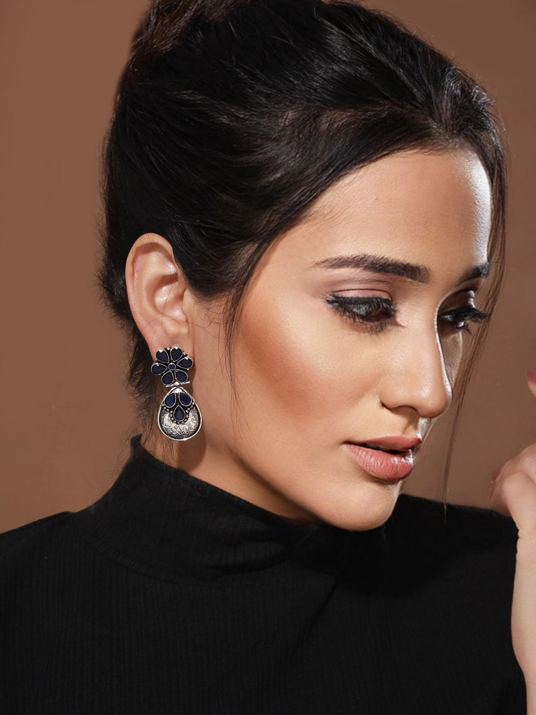 Silver Oxidised Blue Stone studded Statement Earrings, zaveri pearls, sale price rs, sale price, sale gold plated, sale gold, sale, rubans, ring, regular price, priyassi jewellery, kushal's -