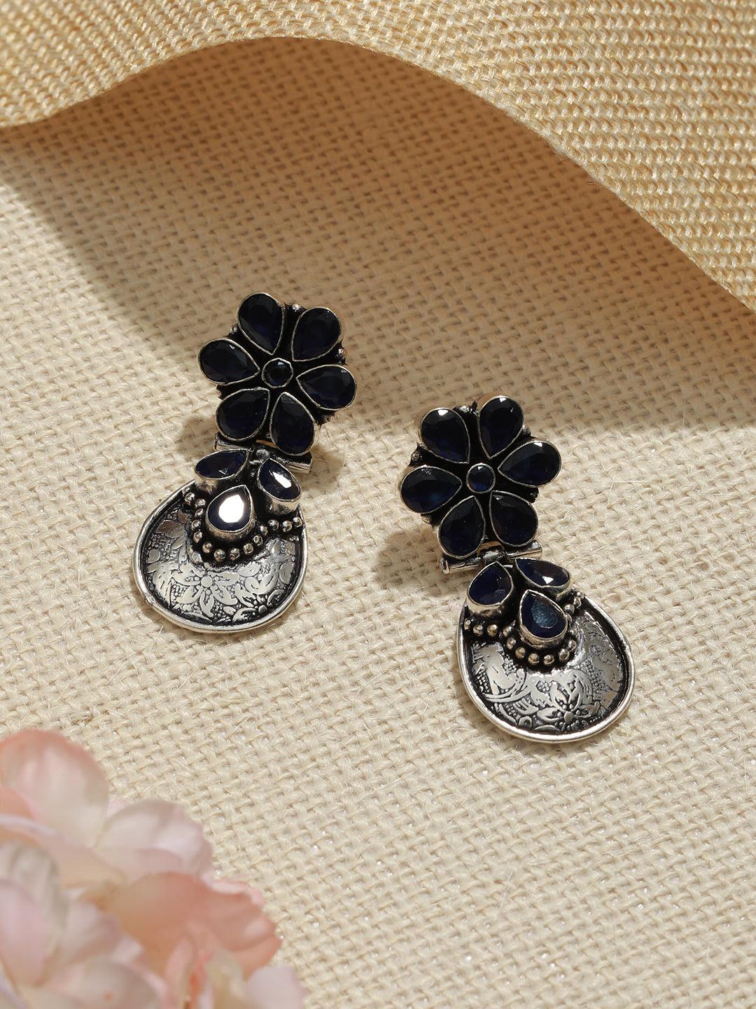 Silver Oxidised Blue Stone studded Statement Earrings, zaveri pearls, sale price rs, sale price, sale gold plated, sale gold, sale, rubans, ring, regular price, priyassi jewellery, kushal's -