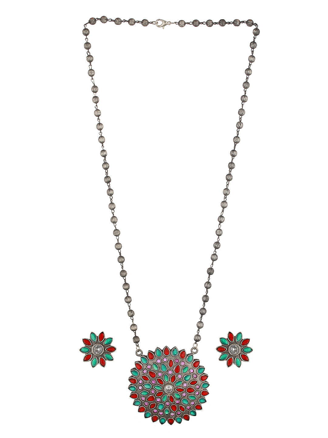 Oxidised Red & Green Stone Studded Pendant Jewellery Set, zaveri pearls, sale price rs, sale price, sale gold plated, sale gold, sale, rubans, ring, regular price, priyassi jewellery, kushal'